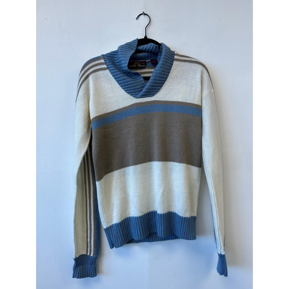 VIntage Clearwater Bay Sweater Small Blue Brown Striped Shawl Collar Pullover‎